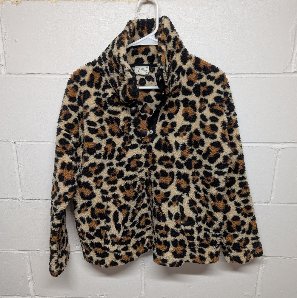 J. Crew Vintage Fleece Leopard Print Women's Snap Collar Jacket Small - Picture 2 of 8